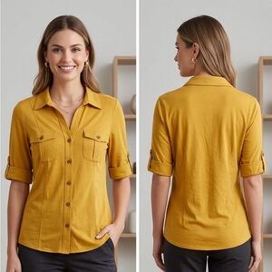 Style & Co. Mustard Button-Front Shirt with Chest Pockets